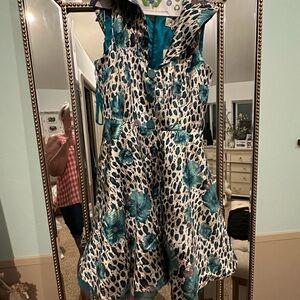 Teal Floral Leopard Fit-and-Flare Dress
